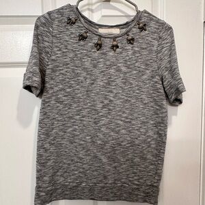 LOFT Heathered Gray Short Sleeve Top with Beaded Accents